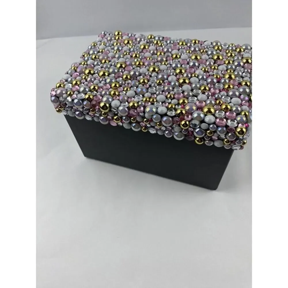 Handmade Keepsake Trinket Box Beaded Rhinestones Embellished & Lid